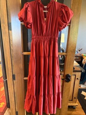 Women's Rust Puff-Sleeve Tiered Maxi Dress
